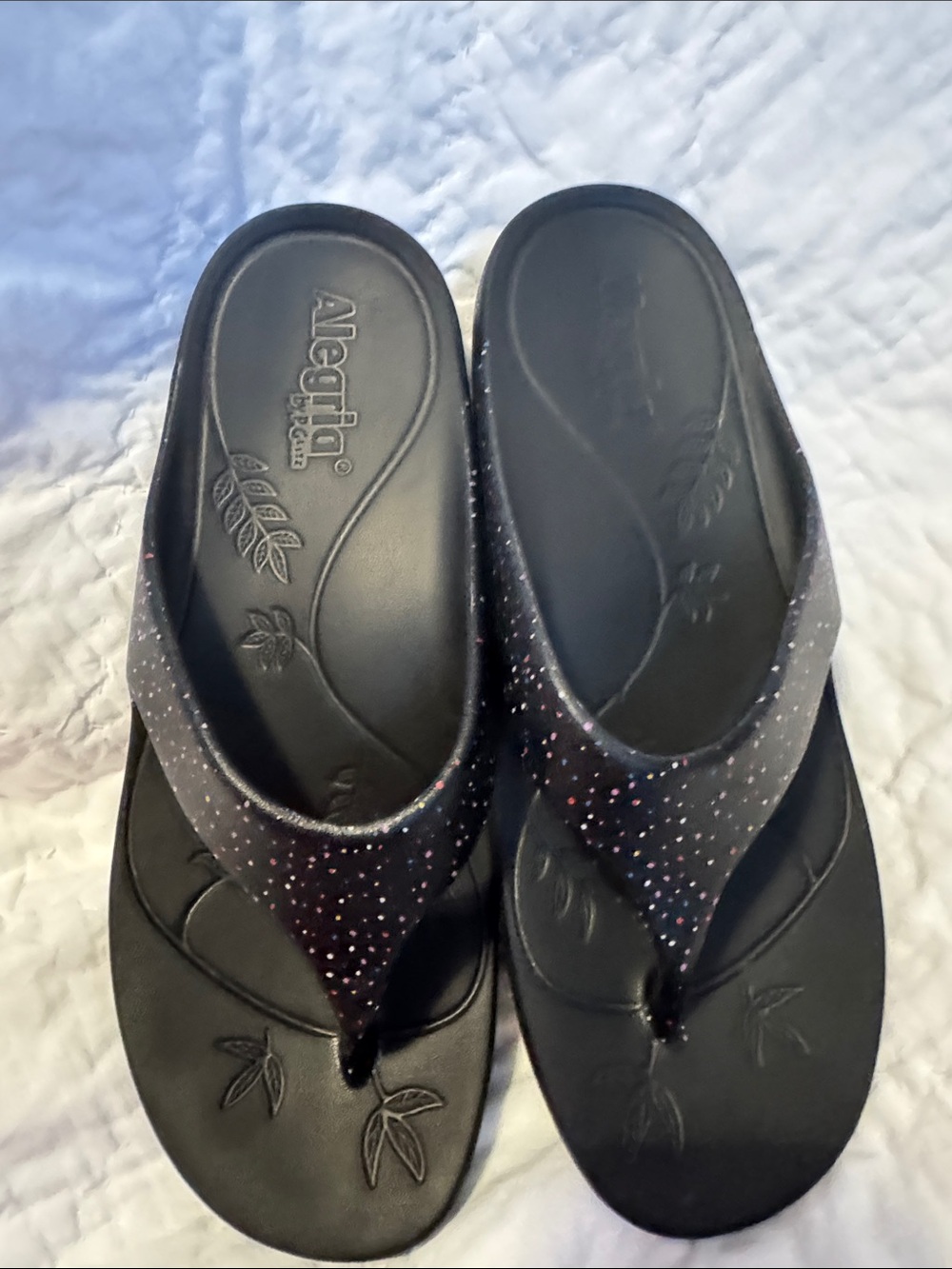 Alegria Black Glitter Thong Sandals for Women - Sparkle Strap